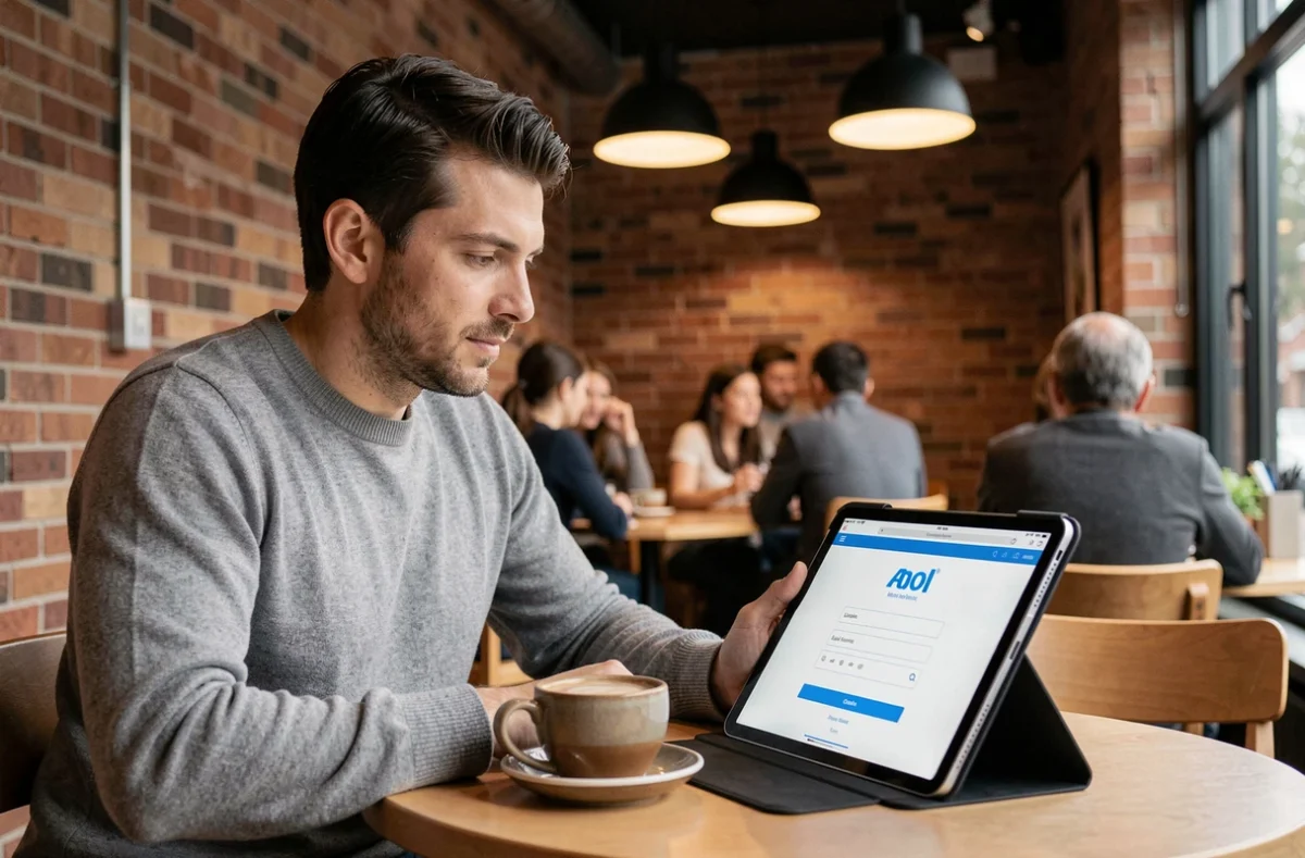 Homme consultant sa messagerie AOL sur une tablette dans un café urbain avec une ambiance authentique