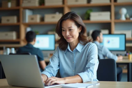 Enseignante connectée à un portail applicatif métier sur son ordinateur portable dans un bureau administratif scolaire