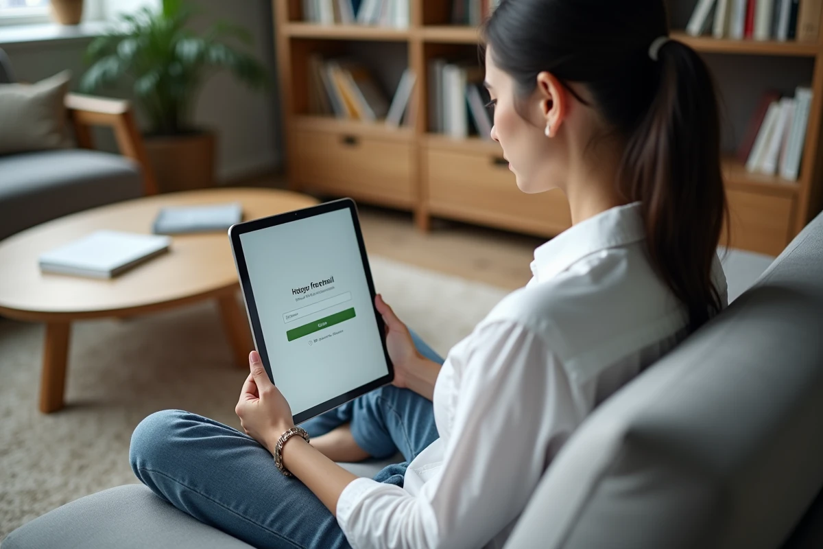 Jeune femme accédant au webmail académique sur une tablette dans un salon moderne