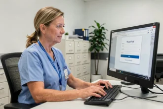 Administratrice hospitalière accédant à la messagerie APHP sur un poste informatique en milieu hospitalier