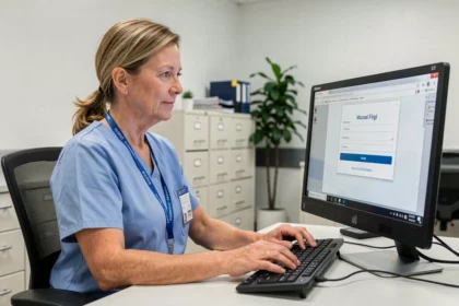 Administratrice hospitalière accédant à la messagerie APHP sur un poste informatique en milieu hospitalier