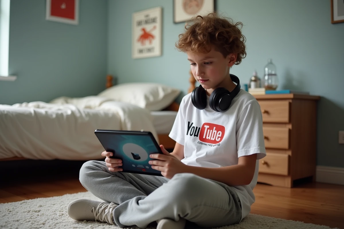 Adolescent téléchargeant une vidéo YouTube sur une tablette assis sur le sol de sa chambre