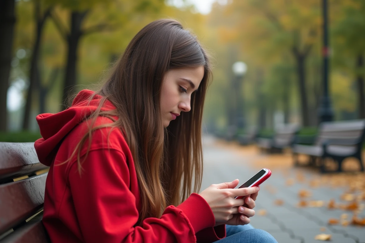 Jeune fille inspectant un téléphone dans un parc urbain