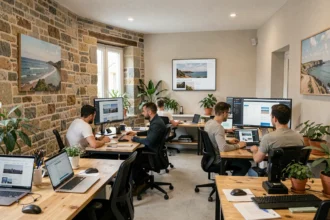 Agence web moderne en Bretagne avec des professionnels collaborant autour d'écrans affichant des maquettes WordPress dans un espace mêlant pierre ancienne et design contemporain