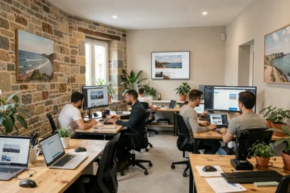 Agence web moderne en Bretagne avec des professionnels collaborant autour d'écrans affichant des maquettes WordPress dans un espace mêlant pierre ancienne et design contemporain