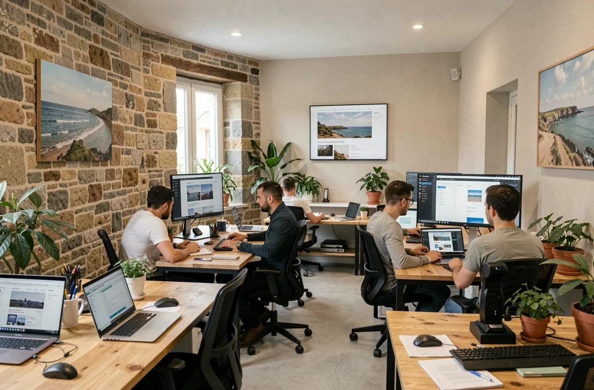 Agence web moderne en Bretagne avec des professionnels collaborant autour d'écrans affichant des maquettes WordPress dans un espace mêlant pierre ancienne et design contemporain