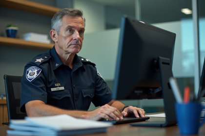 Officier de police en uniforme examinant un ordinateur