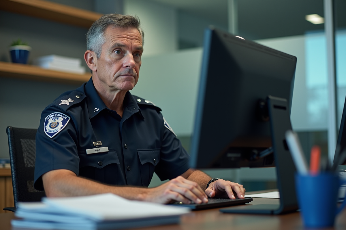 Officier de police en uniforme examinant un ordinateur