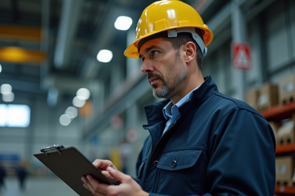 Agent de securite en veste de travail et casque dans une usine