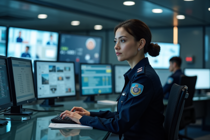 Agent de securite femme en uniforme navy surveillant des ecrans