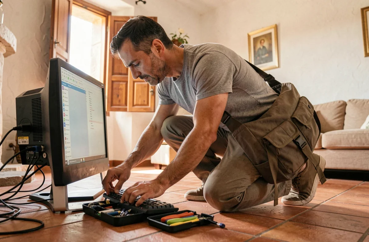 Technicien informatique effectuant une maintenance à domicile chez un particulier dans le Gard pour Aid Vaunage