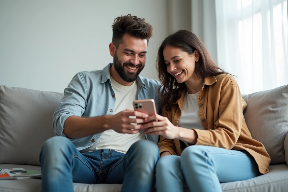 Deux amis découvrant ensemble le site iPhone Generation sur un smartphone dans un salon