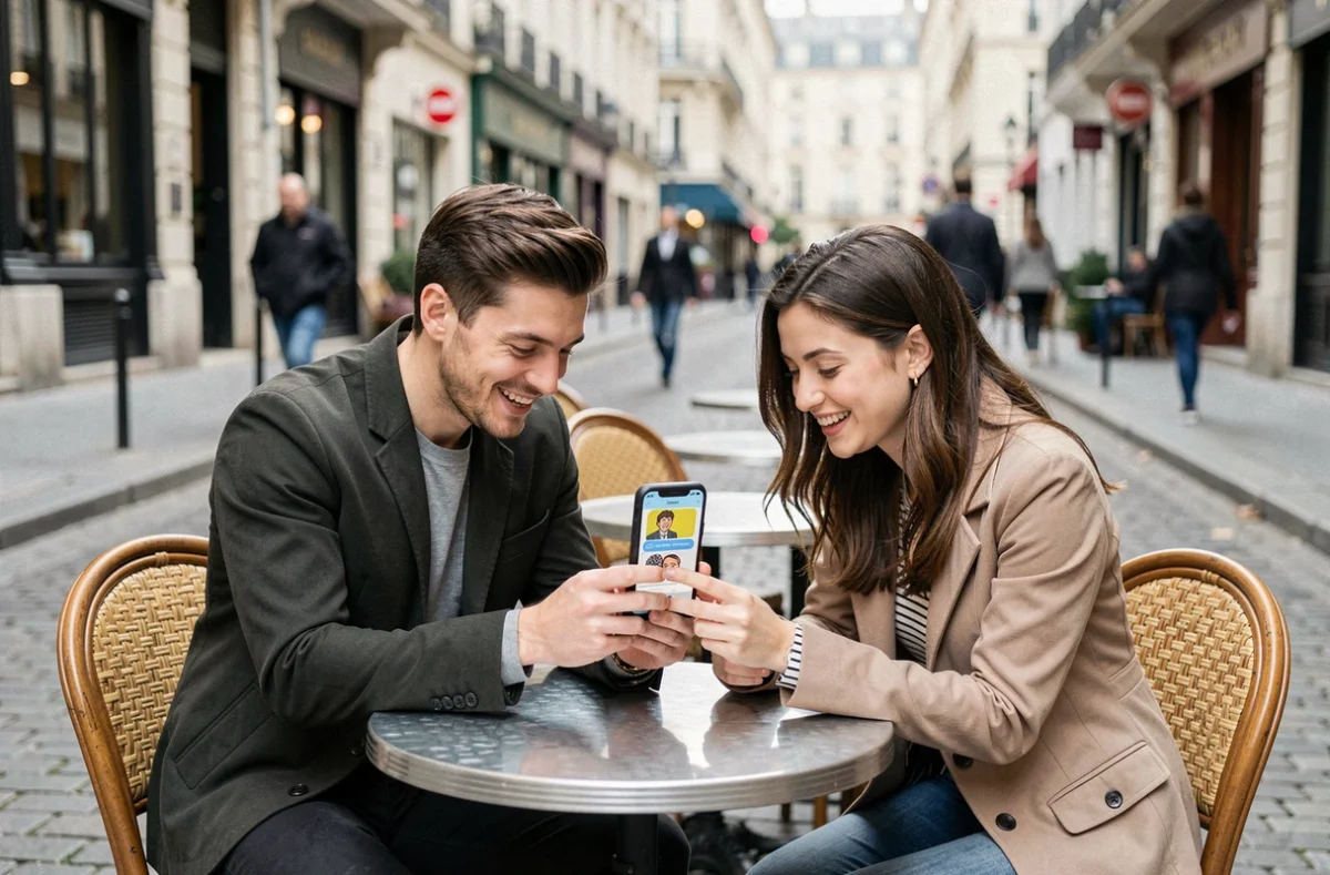 Deux amis partageant un GIF amusant par SMS à la terrasse d'un café parisien
