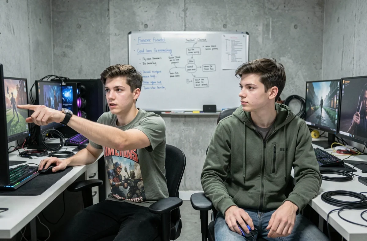 Deux joueurs de Minecraft qui analysent ensemble les techniques de clic Kohi et les stratégies PvP dans une salle d'entraînement esport