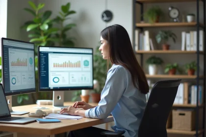 Jeune femme analysant des données sur un grand écran d'ordinateur