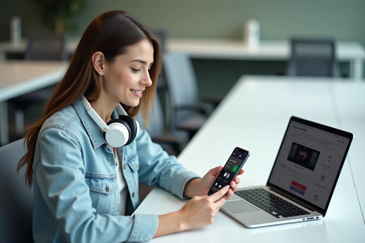 Femme utilisant une application de conversion YouTube vers MP3 sur smartphone dans un espace de coworking