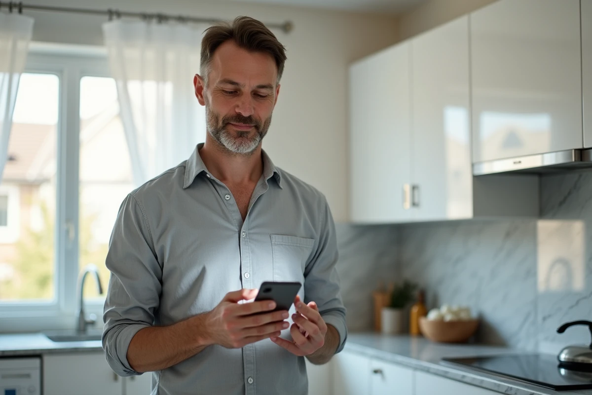Homme consultant l'application mafreeboxos sur smartphone dans une cuisine contemporaine
