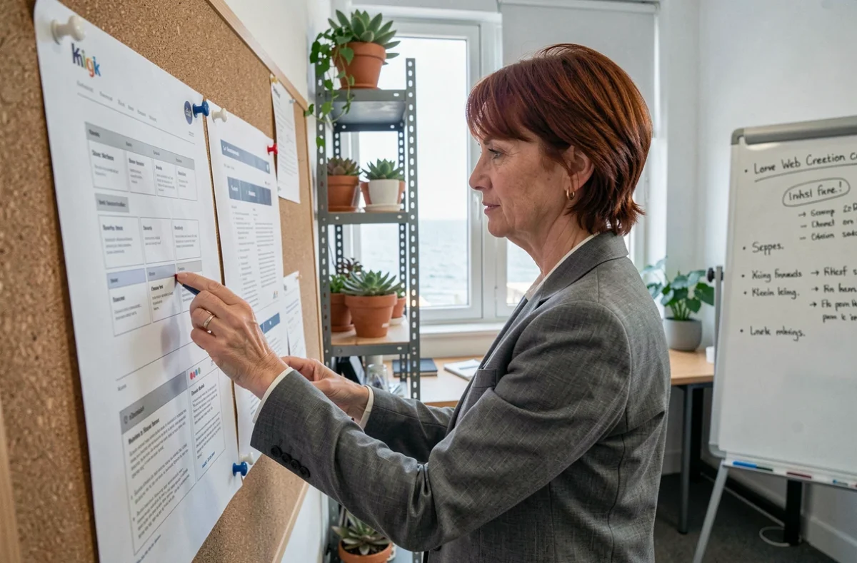 Directrice créative féminine examinant des wireframes de site web dans les locaux de l'agence Armor Web Créations en Côtes-d'Armor