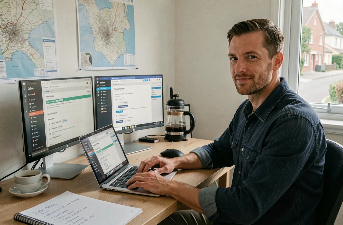 Professionnel web masculin dans un bureau à domicile travaillant sur des projets WordPress pour l'agence Atoupro Web dans les Côtes-d'Armor