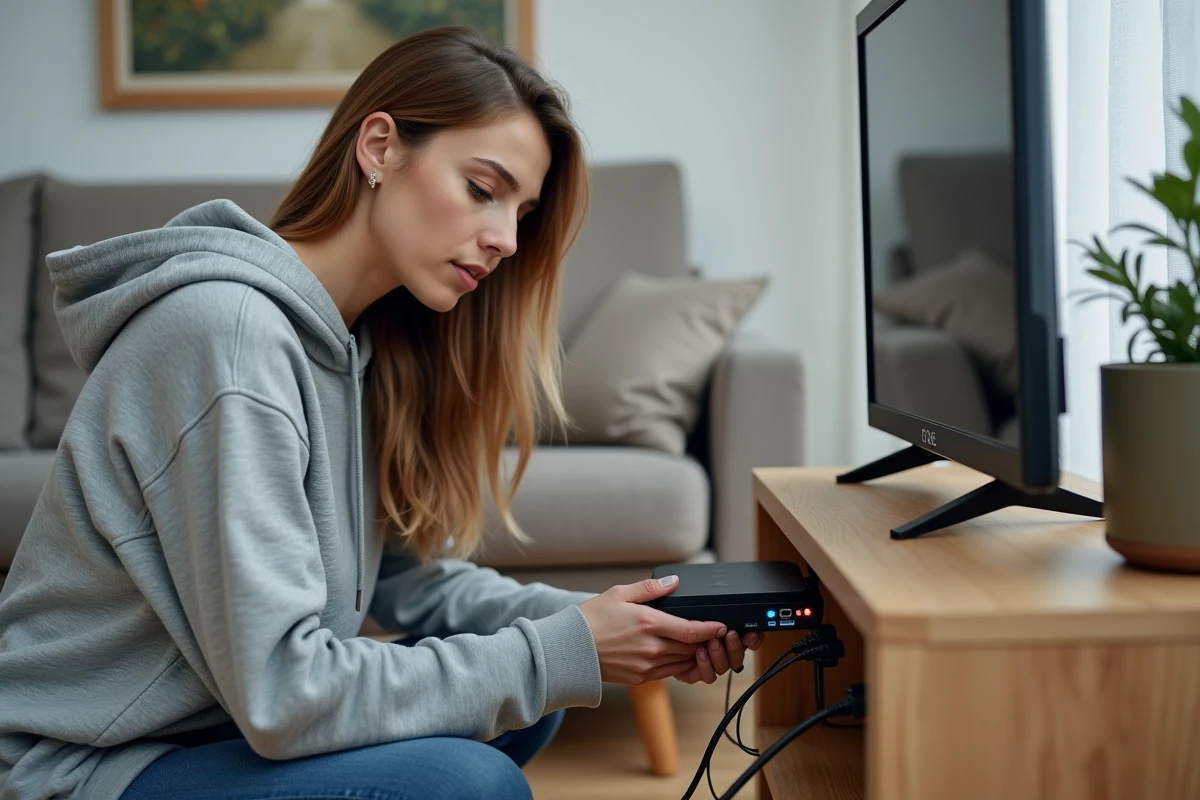 Femme inspectant les branchements de sa Freebox dans un salon moderne au design scandinave