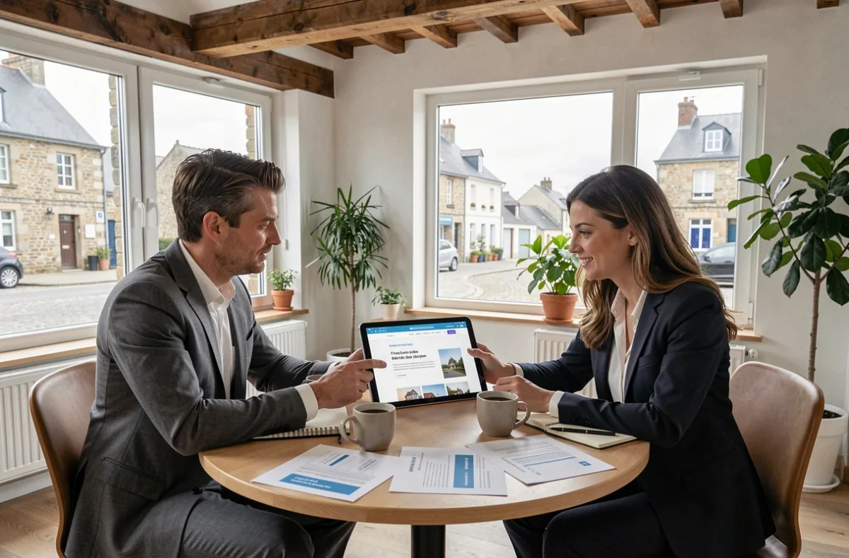 Duo homme-femme collaborant sur un projet web bilingue dans un espace de coworking breton représentant le tandem de l'agence Breizh Tandem