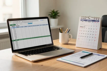 Bureau avec un ordinateur affichant une feuille de temps hebdomadaire