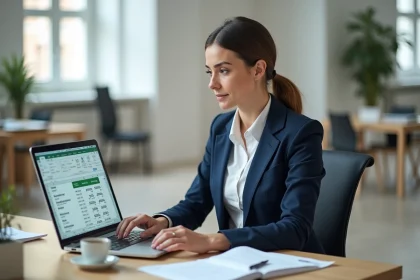 Femme professionnelle calculant des pourcentages de remise et de TVA sur Excel dans un bureau moderne