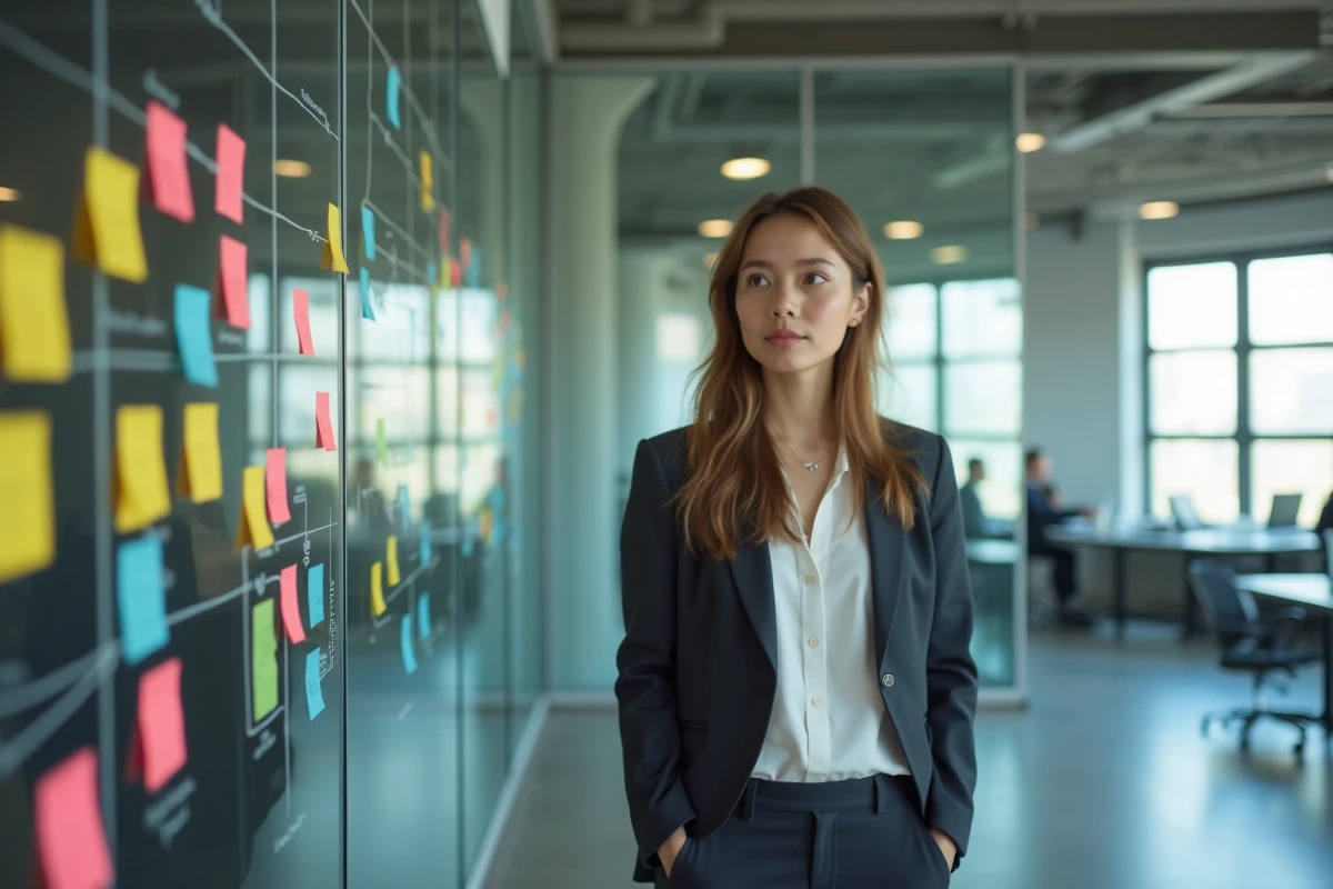 Jeune femme gestionnaire devant mur de notes et schémas