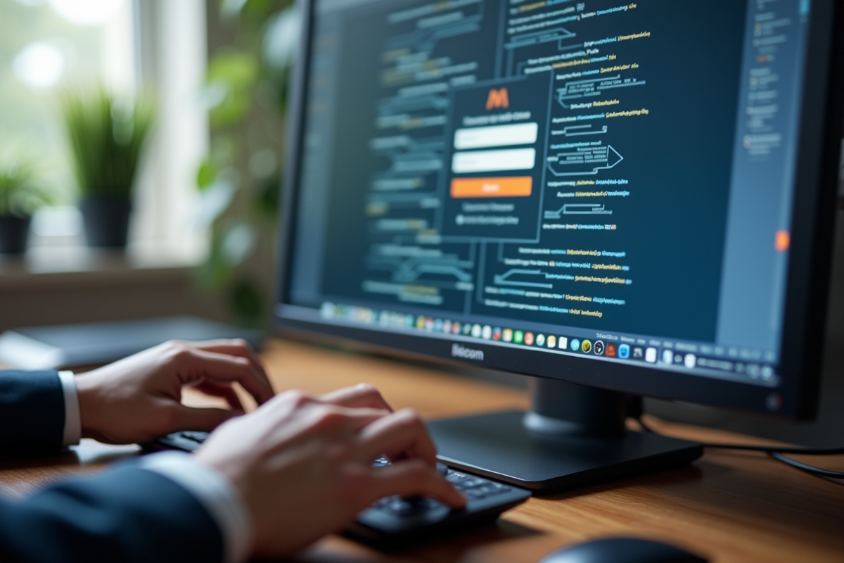 Mains tapant sur un clavier avec un écran de webmail en arrière-plan