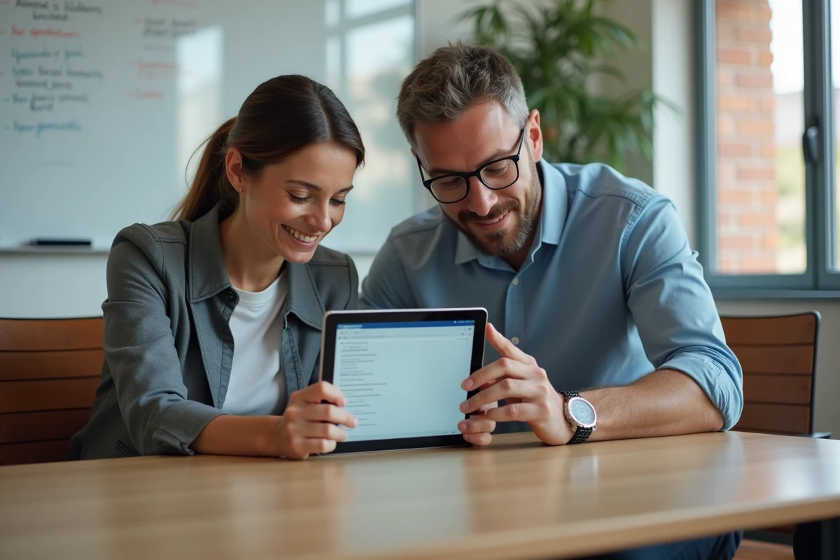 Deux professionnels de l'éducation nationale consultant ensemble un portail d'applications métier sur une tablette en salle de réunion