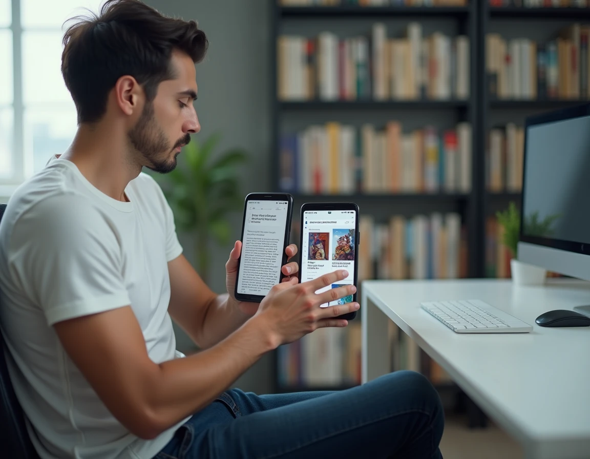 Homme comparant deux applications de lecture de manga sur smartphones Android à un bureau minimaliste