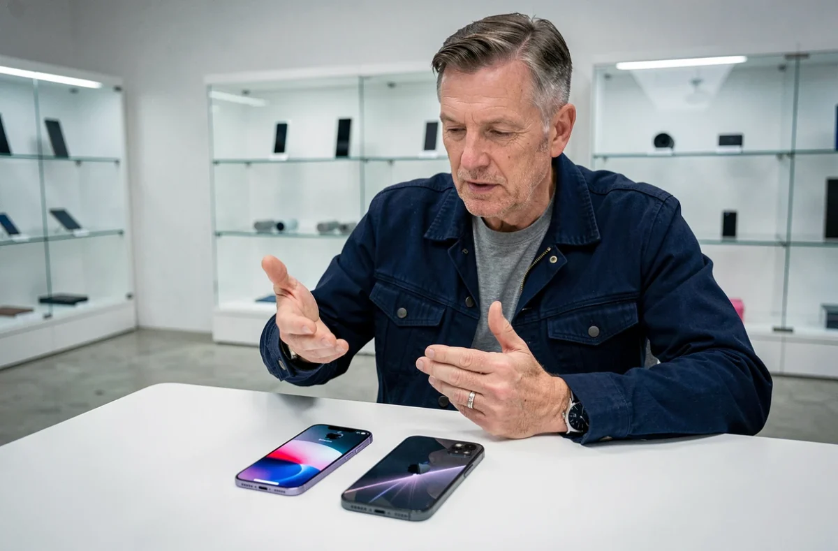 Comparaison entre un iPhone 13 mini et un smartphone récent dans un magasin tech