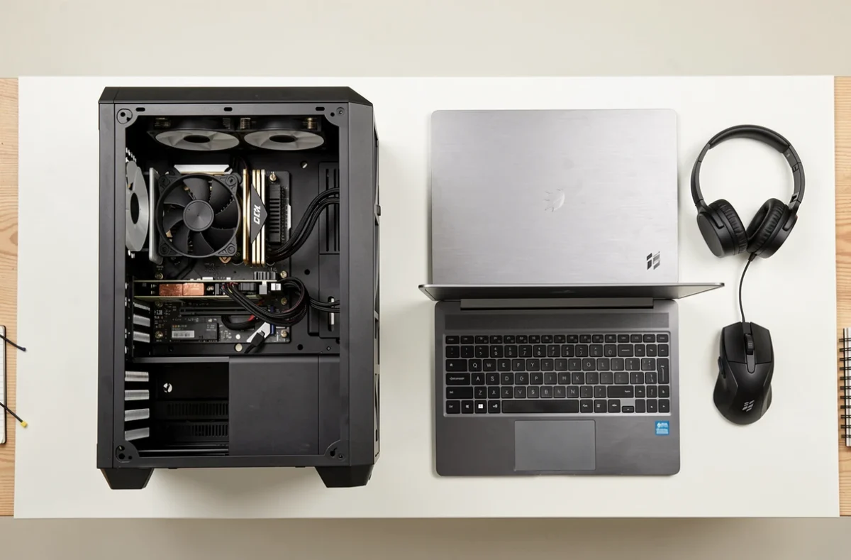 Comparaison flat lay entre un PC fixe gaming et un PC portable gamer posés côte à côte sur un bureau minimaliste
