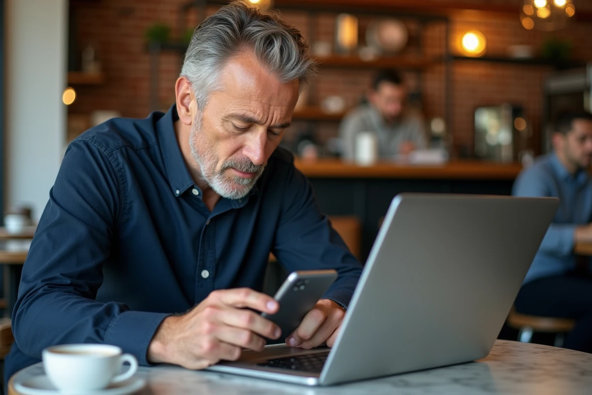 Homme comparant WhatsApp Web sur Chromebook et l'application mobile WhatsApp sur smartphone dans un café