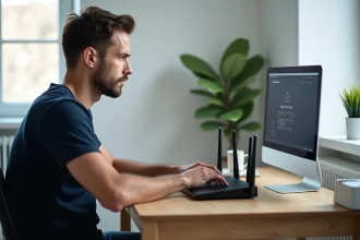 Homme configurant son interface Freebox OS sur un ordinateur portable depuis son bureau à domicile