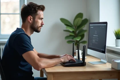 Homme configurant son interface Freebox OS sur un ordinateur portable depuis son bureau à domicile