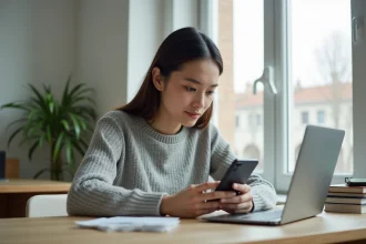 Jeune femme configurant sa messagerie universitaire Unicaen sur un smartphone Android à son bureau