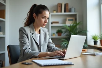 Femme configurant un client de messagerie Outlook sur un ordinateur portable dans un bureau à domicile