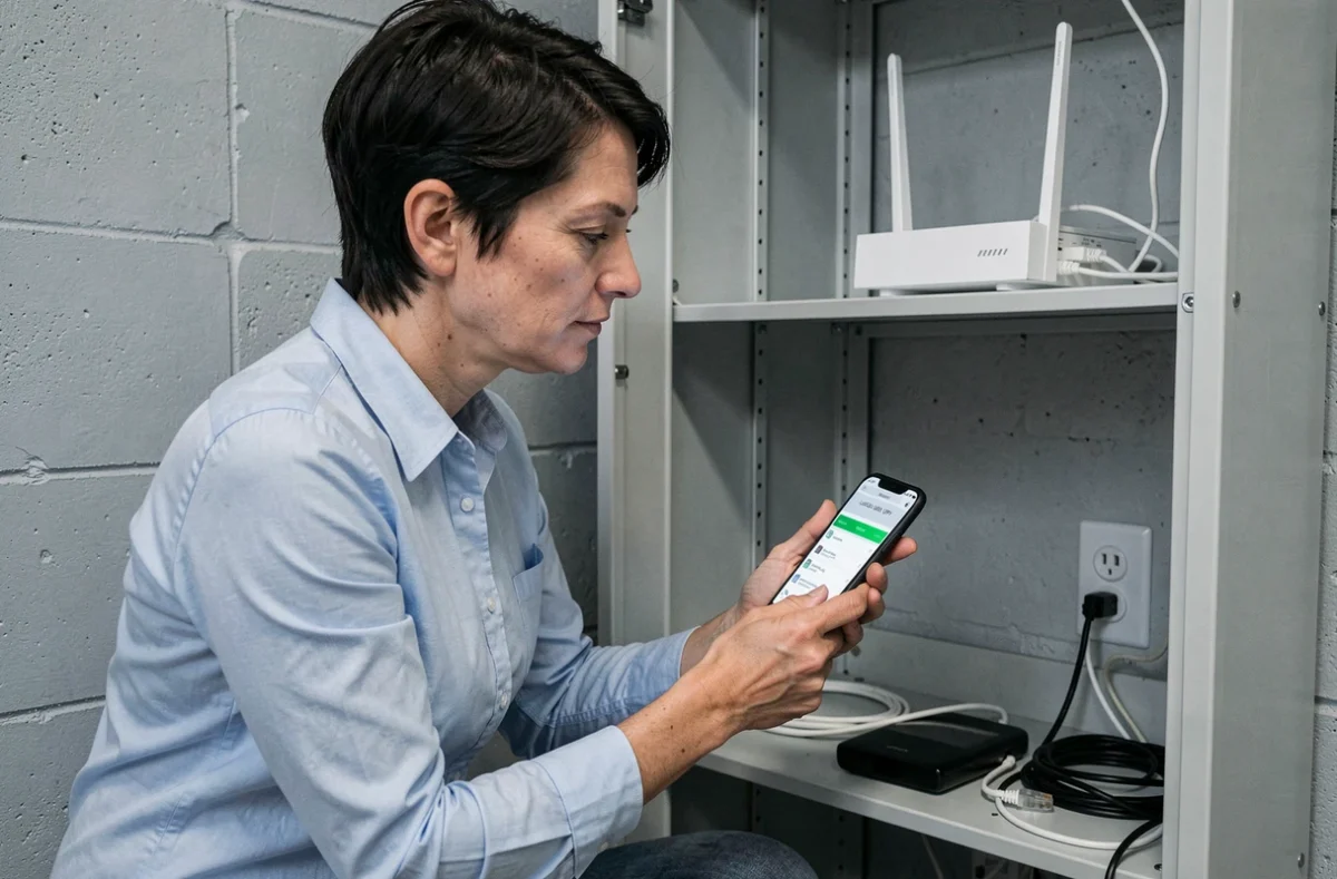 Femme configurant son routeur domestique via une adresse IP locale affichée sur son smartphone dans une salle technique