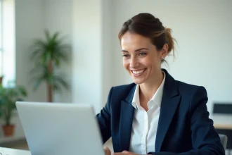 Femme professionnelle configurant une signature email sur son ordinateur portable dans un bureau moderne