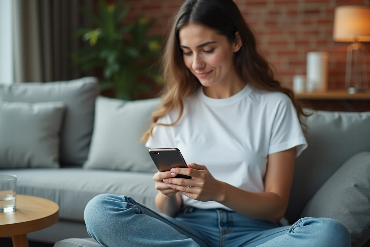 Jeune femme soulagée consultant la confirmation de réinitialisation de mot de passe webmail sur son smartphone dans un salon