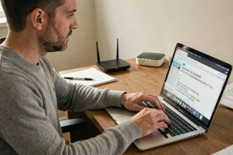 Homme accédant à l'interface d'administration de son routeur via l'adresse IP 192.168.1.109 sur un ordinateur portable à son bureau