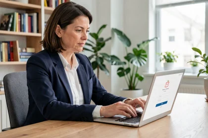 Femme professionnelle connectée à une interface de webmail sur son ordinateur portable dans un bureau moderne en 2026