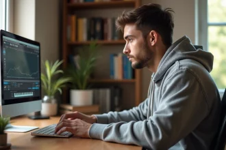 Jeune homme convertissant des vidéos YouTube en MP3 sur un ordinateur portable dans un bureau à domicile moderne