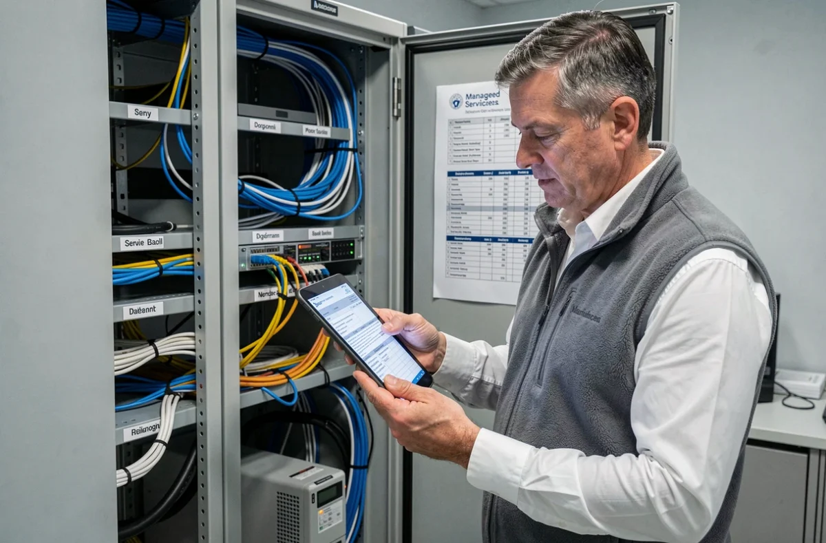 Responsable informatique vérifiant un contrat de maintenance et d'infogérance devant un rack serveur pour Copeps