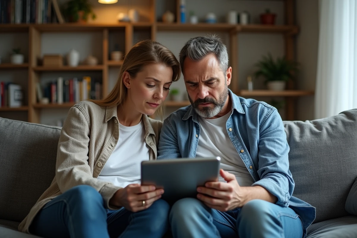 Couple utilisant une tablette pour récupérer des messages supprimés accidentellement depuis le salon