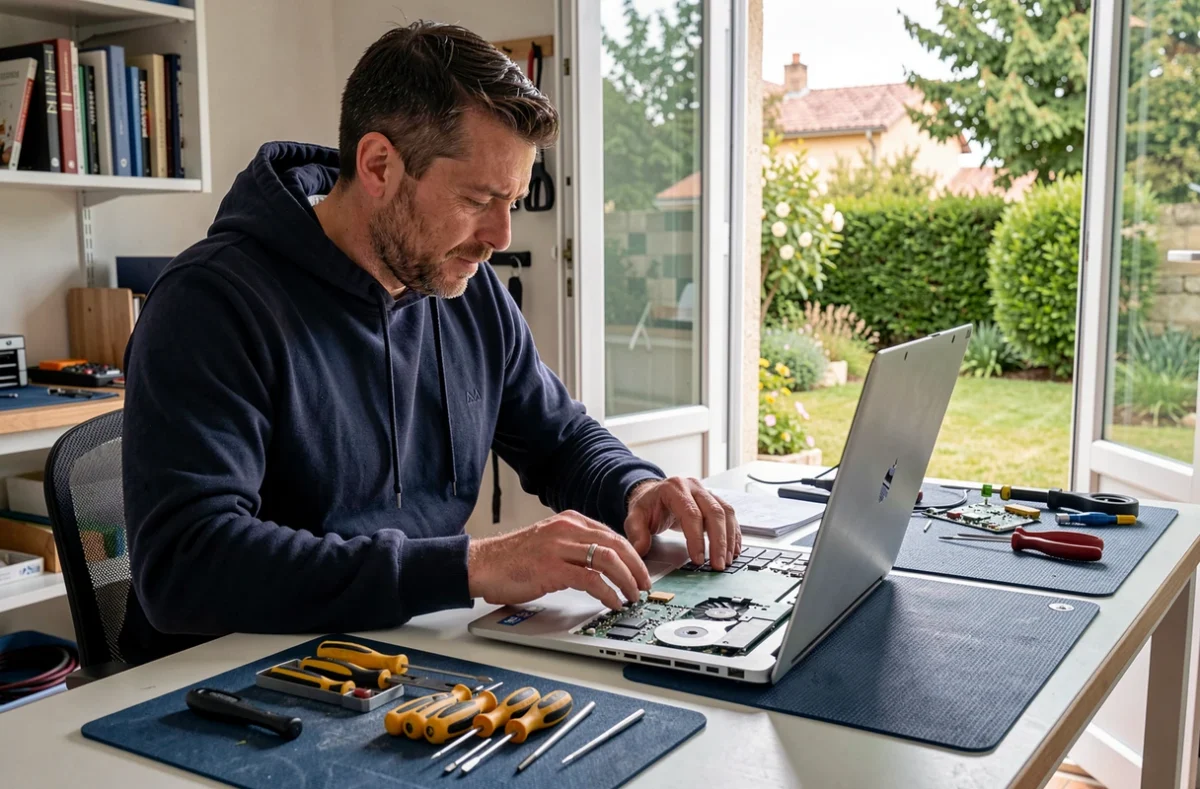 Réparateur informatique travaillant sur un ordinateur portable dans son atelier aux Angles pour Dépannage Ordinateur 30133