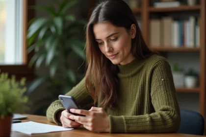 Jeune femme créant un deuxième compte Instagram sur son smartphone dans un bureau à domicile