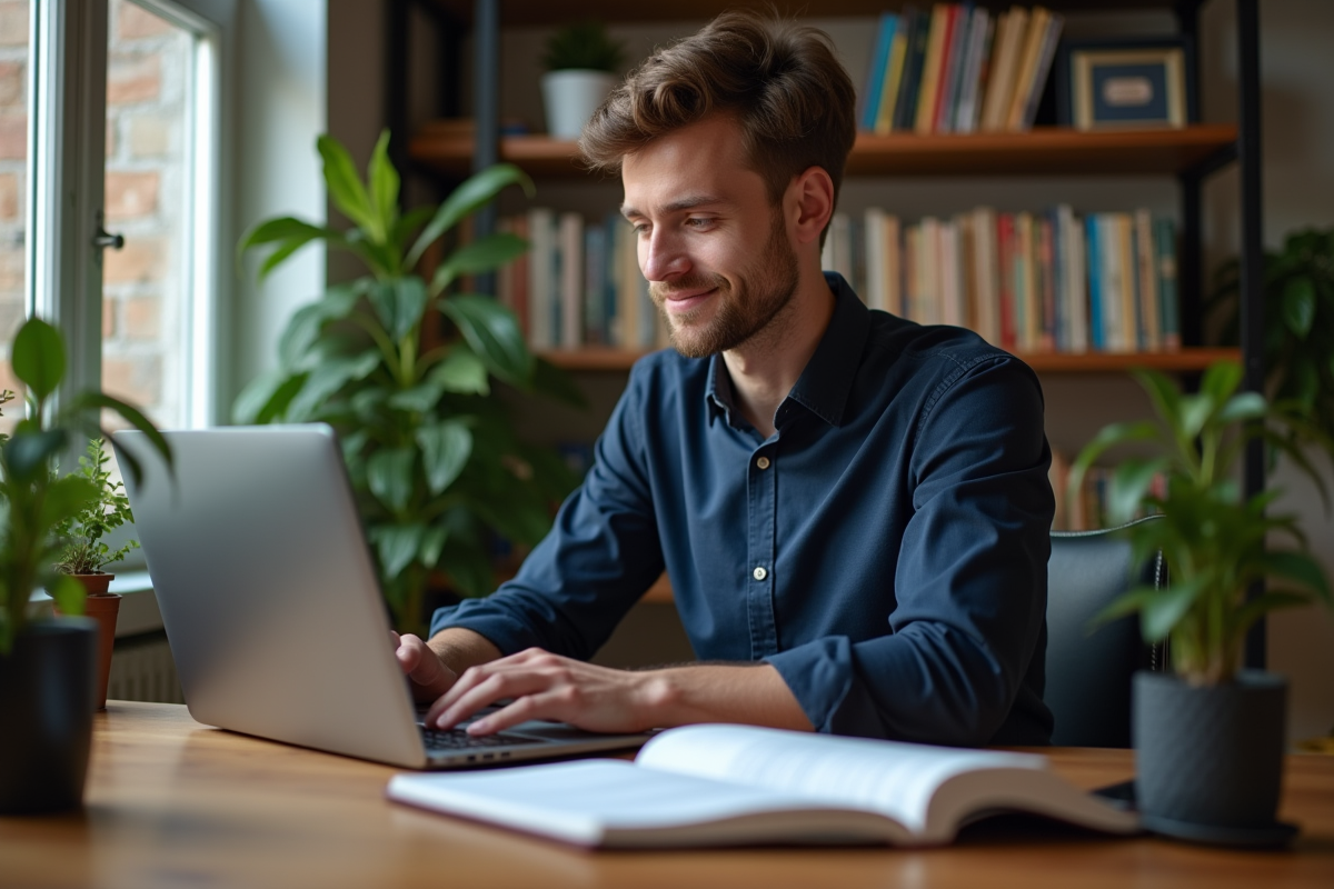 Jeune développeur web au bureau cosy avec ordinateur portable