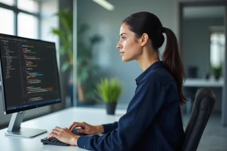 Développeuse web travaillant sur l'accessibilité des formulaires HTML dans un bureau moderne